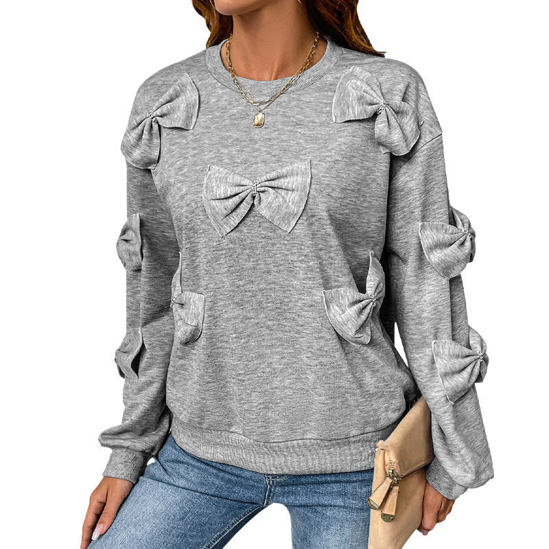 Maglione morbido da donna con nodo cucito – Felpa girocollo casual grigia
