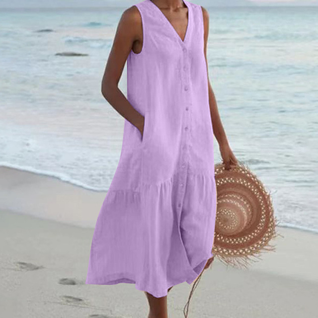 Abito estivo da donna senza maniche – vestito midi con bottoni e tasche