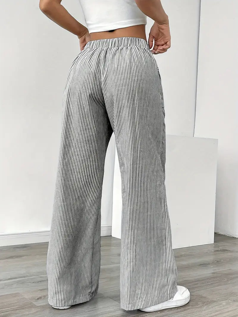 Pantaloni a gamba larga a righe casual da donna, eleganti e larghi - Pantaloni estivi leggeri e traspiranti con tasche