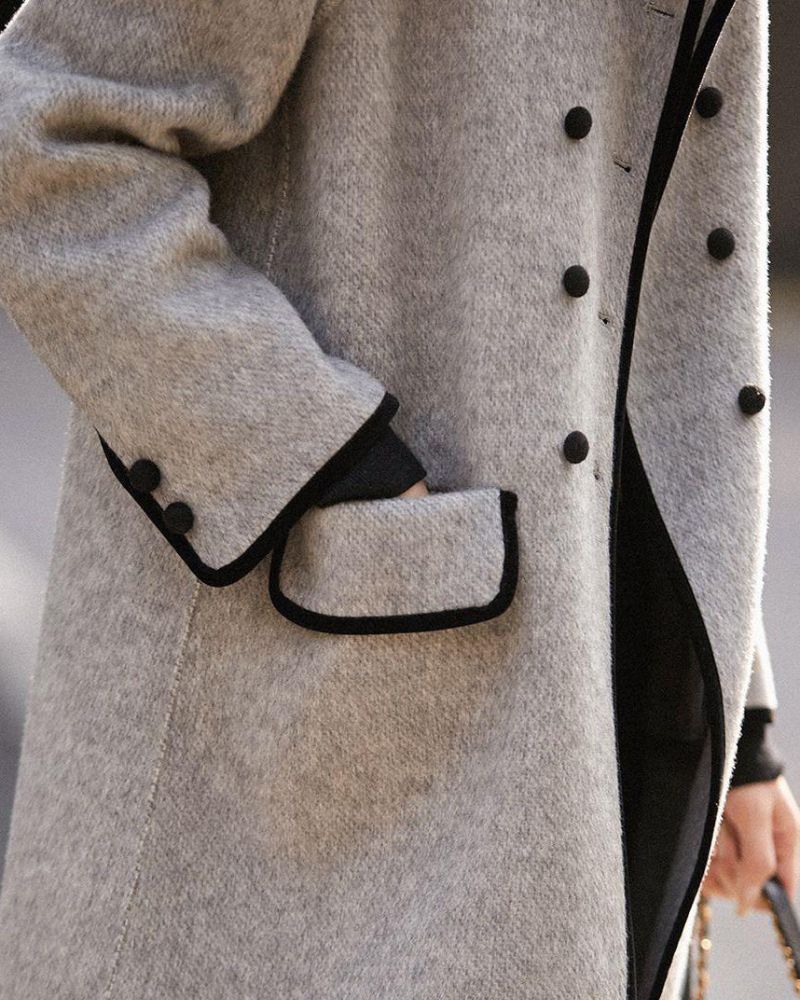 Cappotto in lana a contrasto premium da donna - Elegante cappotto con bottoni