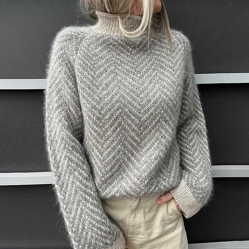 Maglione a collo alto grigio da donna - maglione caldo lavorato a maglia con motivo a zigzag e vestibilità ampia