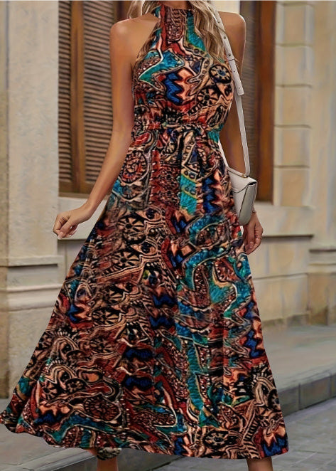 Abito lungo estivo da donna elegante in stile bohémien con scollo all'americana - Abito da leggero, fluido e senza maniche, perfetto per le vacanze.