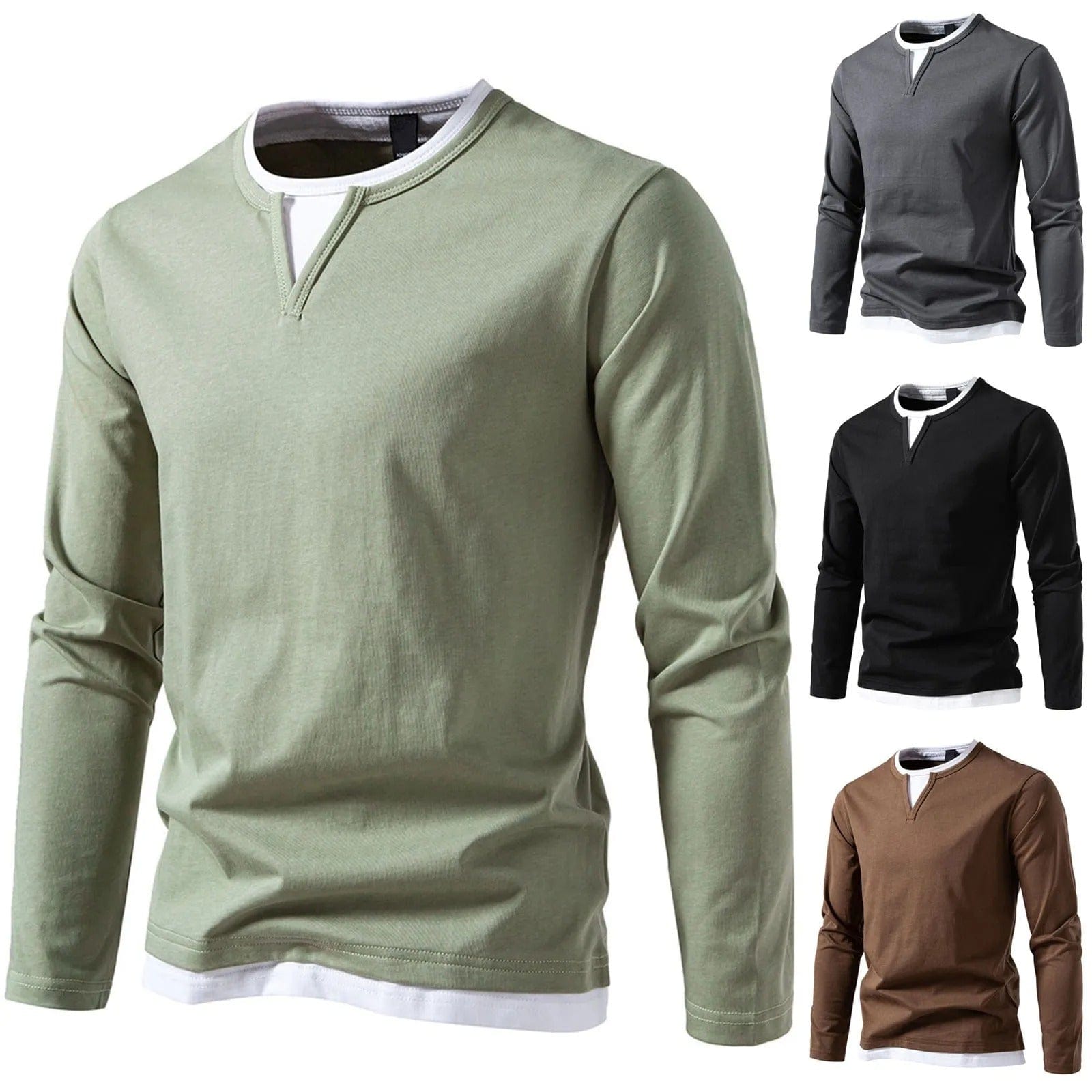 Polo da uomo a maniche lunghe con scollo rotondo ed effetto a strati - Essenziale casual ed elegante