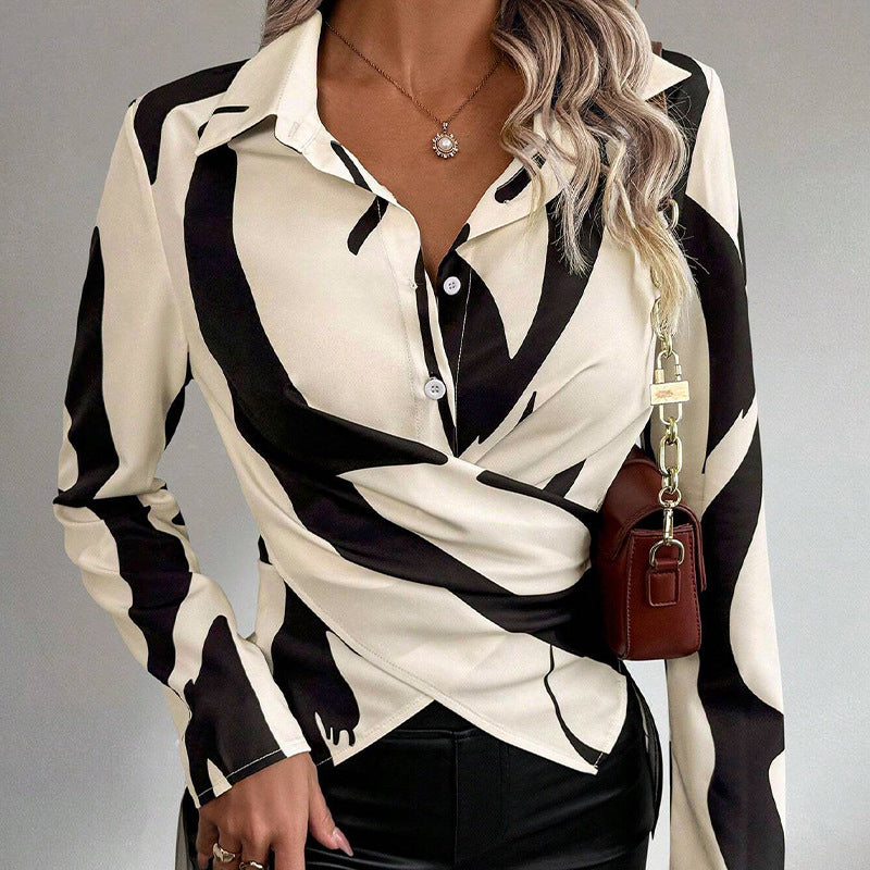 Elegante camicia da donna con scollo a V a contrasto bianco e nero - Blusa a maniche lunghe