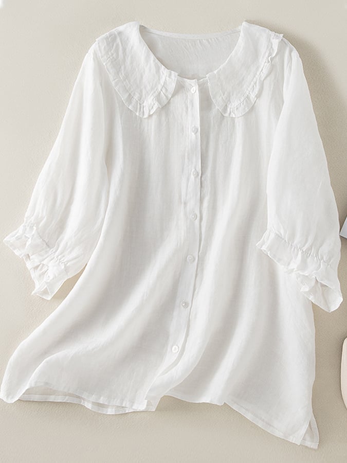 Blusa ampia in lino e cotone con colletto arricciato
