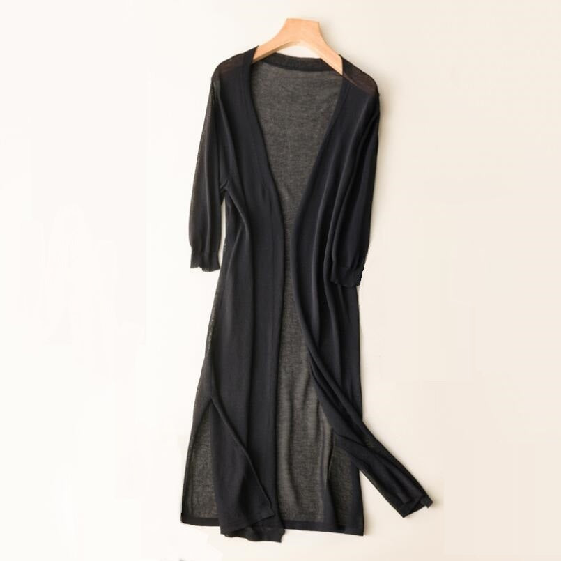 Cardigan lungo aperto leggero da donna con maniche a 3/4