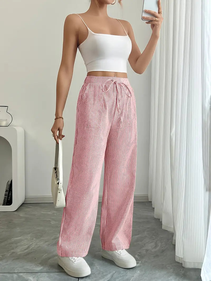 Pantaloni a gamba larga a righe casual da donna, eleganti e larghi - Pantaloni estivi leggeri e traspiranti con tasche