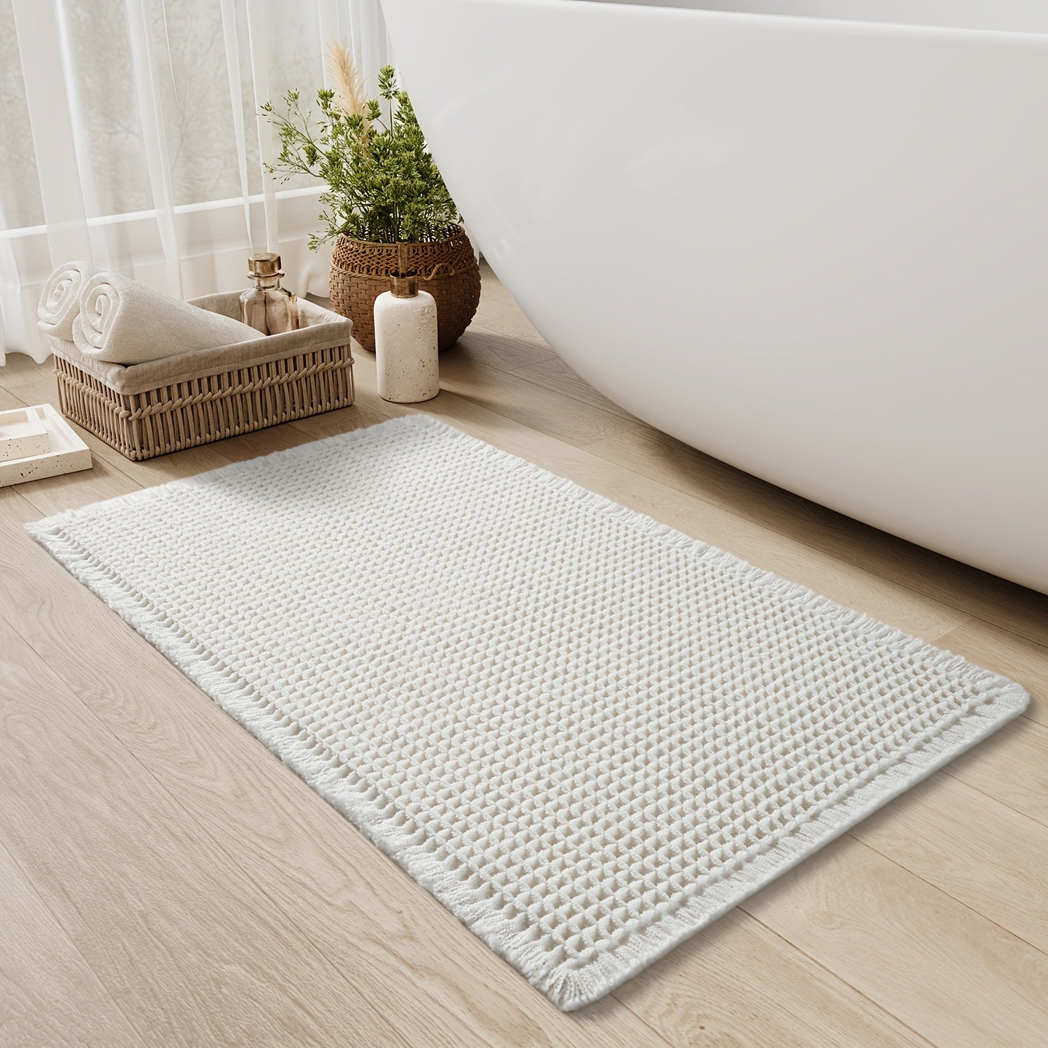 Tappetino da bagno a nido d'ape ultra assorbente - Tappetino antiscivolo con frange, asciugatura rapida e morbido per doccia, vasca da bagno e arredamento per il bagno