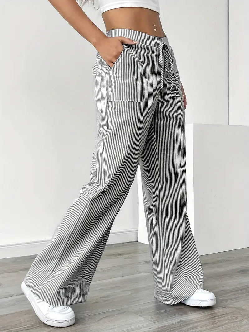 Pantaloni a gamba larga a righe casual da donna, eleganti e larghi - Pantaloni estivi leggeri e traspiranti con tasche