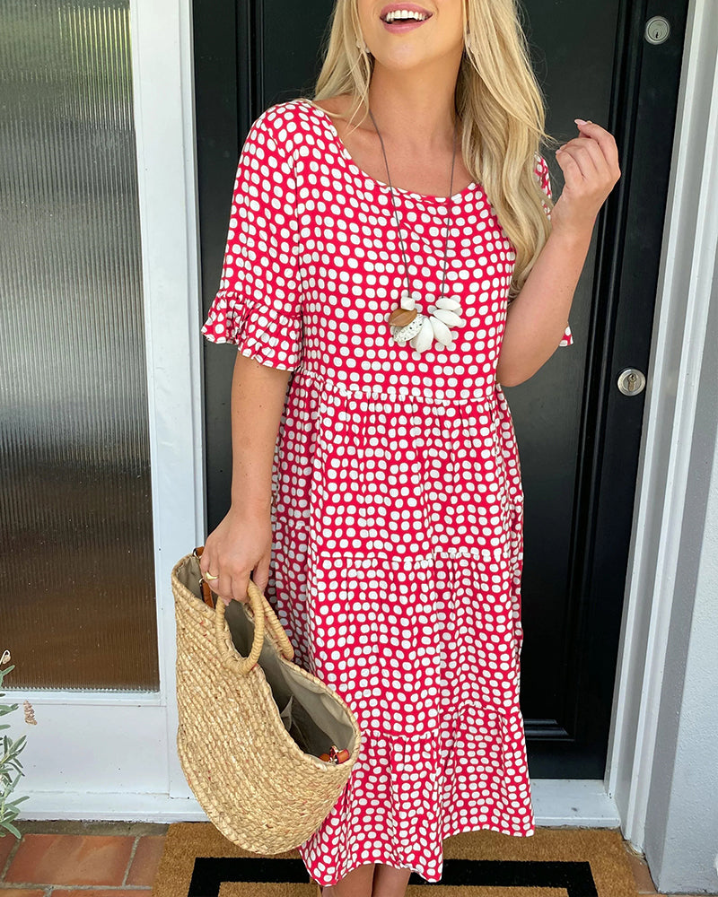 Abito midi da donna con scollo tondo e stampa a pois
