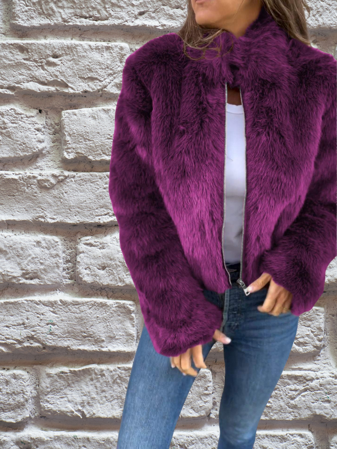 Giacca corta da donna con zip, maniche lunghe e pelliccia sintetica