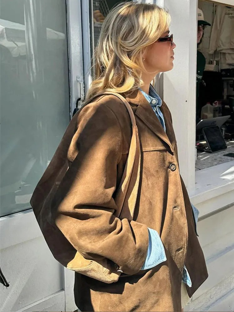 Giacca blazer oversize elegante in pelle scamosciata marrone da donna - Comfort