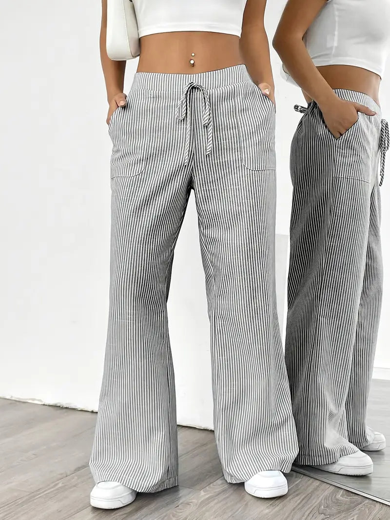 Pantaloni a gamba larga a righe casual da donna, eleganti e larghi - Pantaloni estivi leggeri e traspiranti con tasche