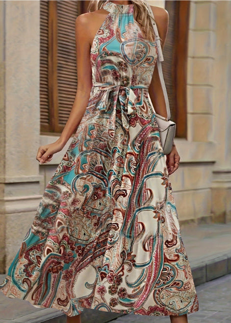 Abito lungo estivo da donna elegante in stile bohémien con scollo all'americana - Abito da leggero, fluido e senza maniche, perfetto per le vacanze.