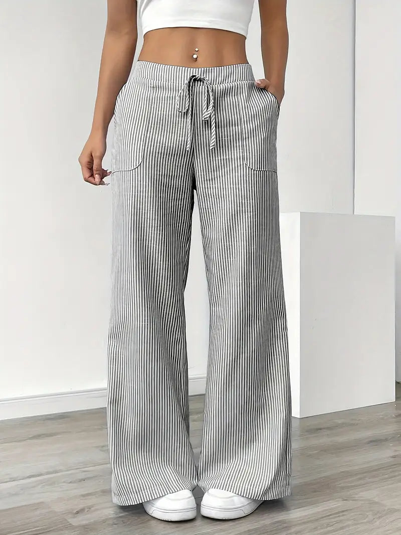 Pantaloni a gamba larga a righe casual da donna, eleganti e larghi - Pantaloni estivi leggeri e traspiranti con tasche