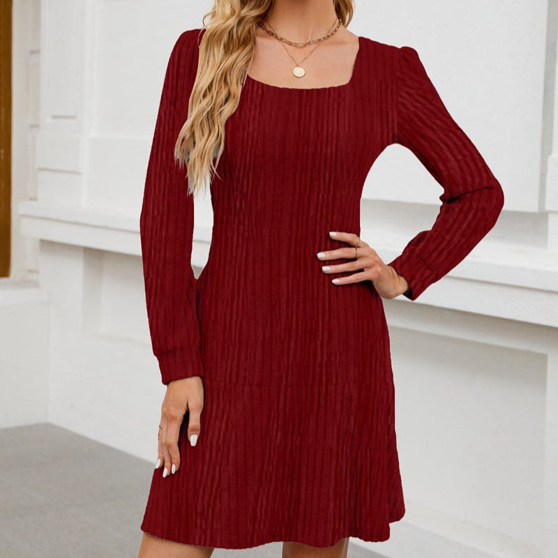 Mini abito a maniche lunghe da donna - Scollo quadrato, vestibilità comoda, leggero, tascabile, outfit primaverile e autunnale