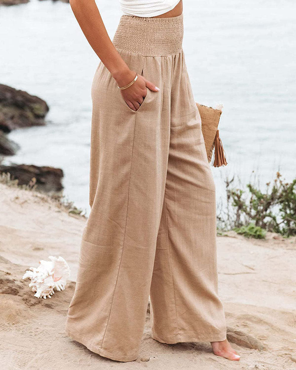 Pantaloni estivi in lino da donna – Elastico in vita e vestibilità comoda e ampia