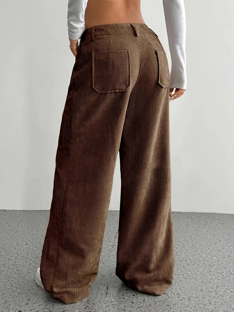 Pantaloni casual da donna a coste e vita alta | Gamba larga