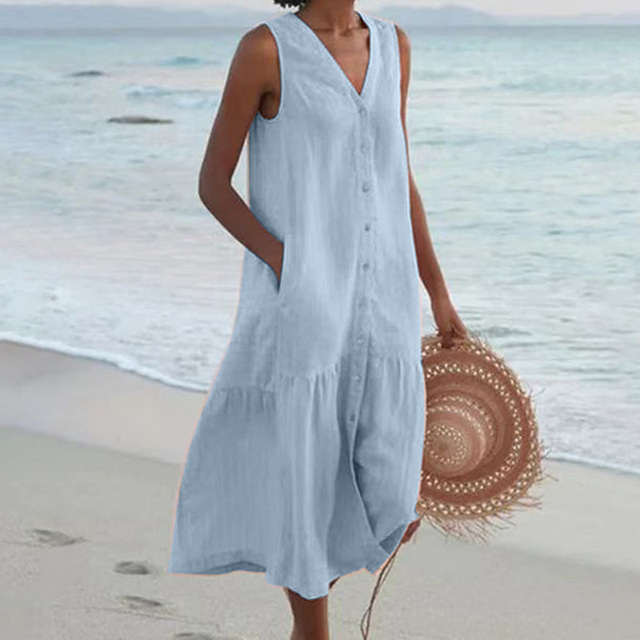 Abito estivo da donna senza maniche – vestito midi con bottoni e tasche