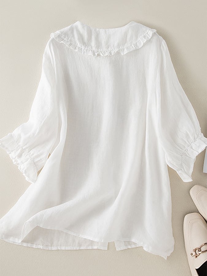 Blusa ampia in lino e cotone con colletto arricciato