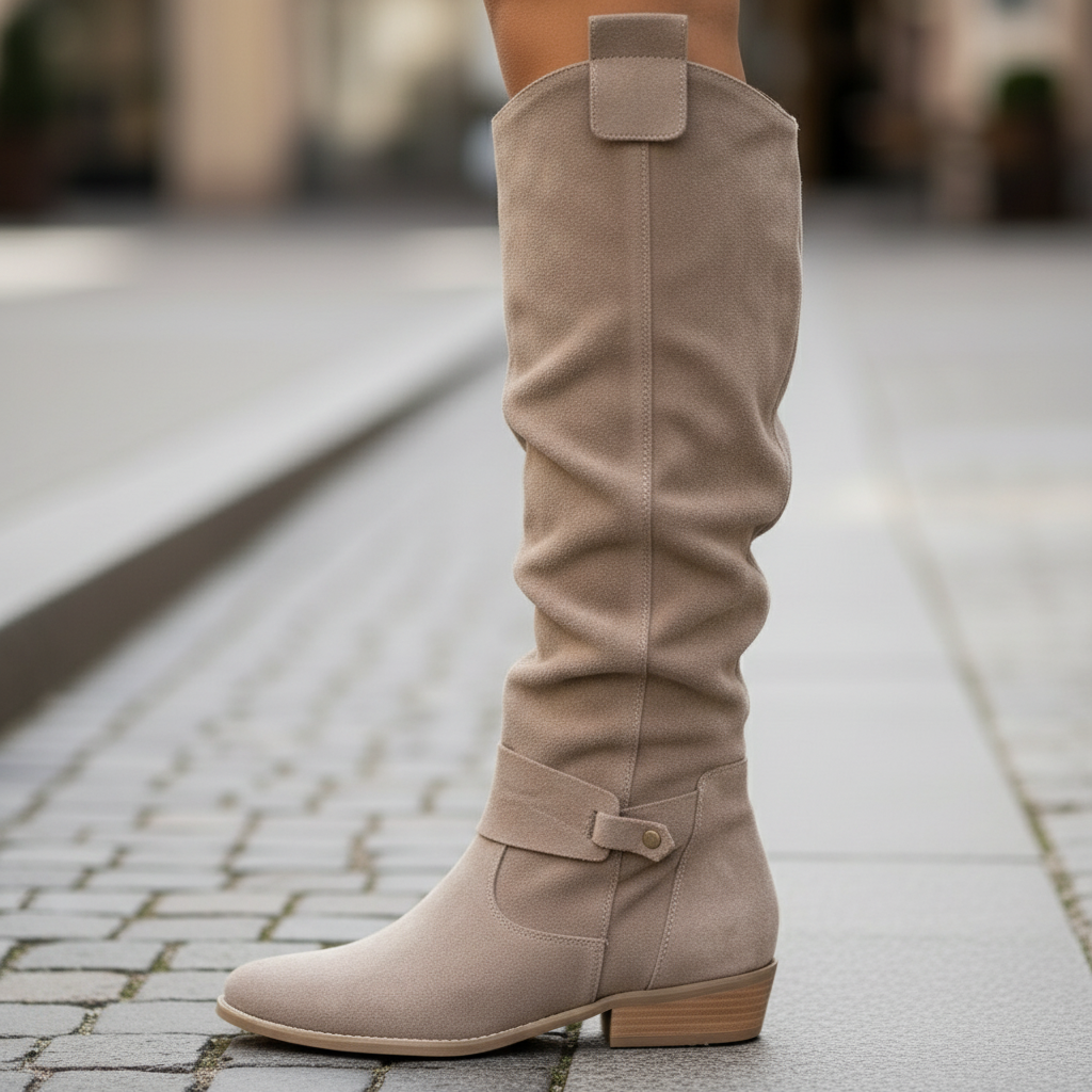 Eleganti stivali in pelle scamosciata da donna – Stivali alti al ginocchio con arricciature in pelle scamosciata sintetica color nocciola