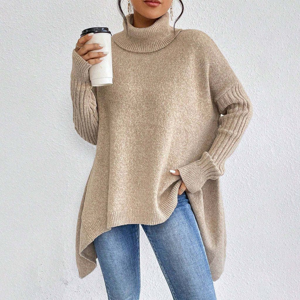 Maglione dolcevita irregolare da donna – Pullover a maniche lunghe in maglia larga