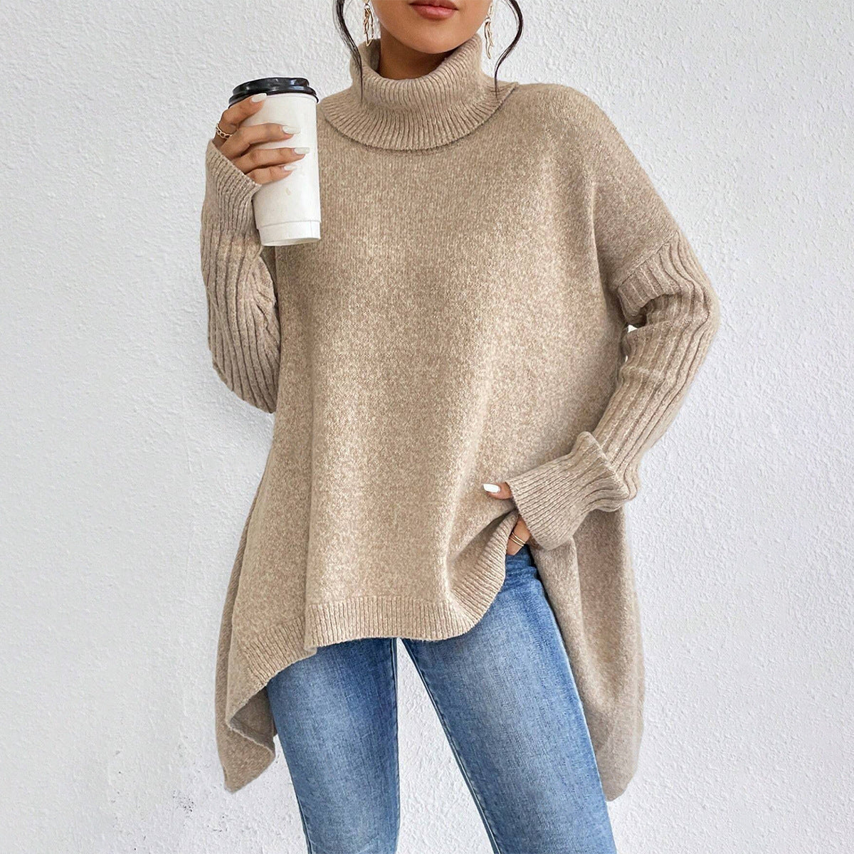Maglione dolcevita irregolare da donna – Pullover a maniche lunghe in maglia larga