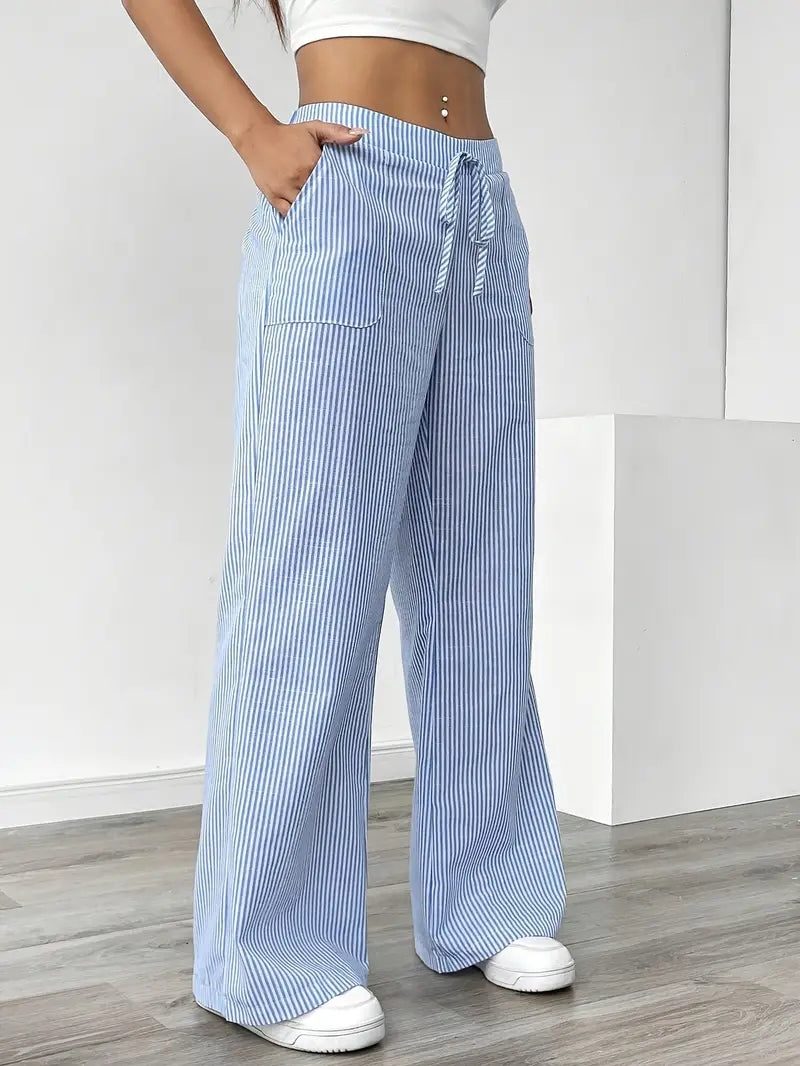 Pantaloni a gamba larga a righe casual da donna, eleganti e larghi - Pantaloni estivi leggeri e traspiranti con tasche