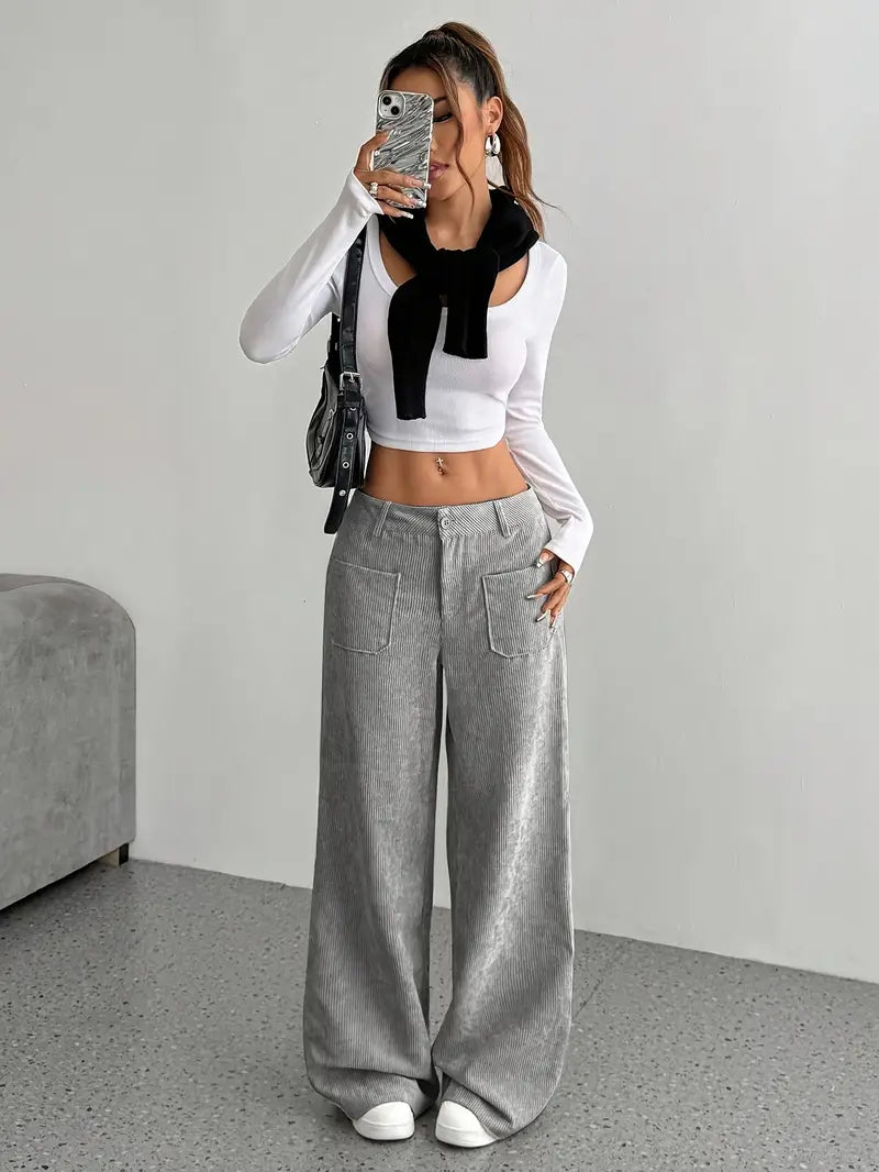 Pantaloni casual da donna a coste e vita alta | Gamba larga