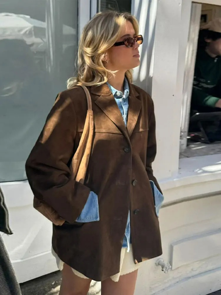Giacca blazer oversize elegante in pelle scamosciata marrone da donna - Comfort