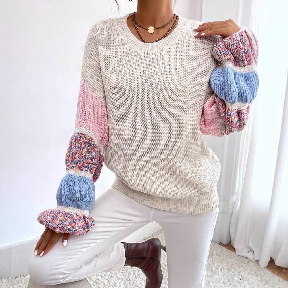 Maglione multicolore da donna – Vestibilità oversize con maniche a sbuffo color crema e rosa