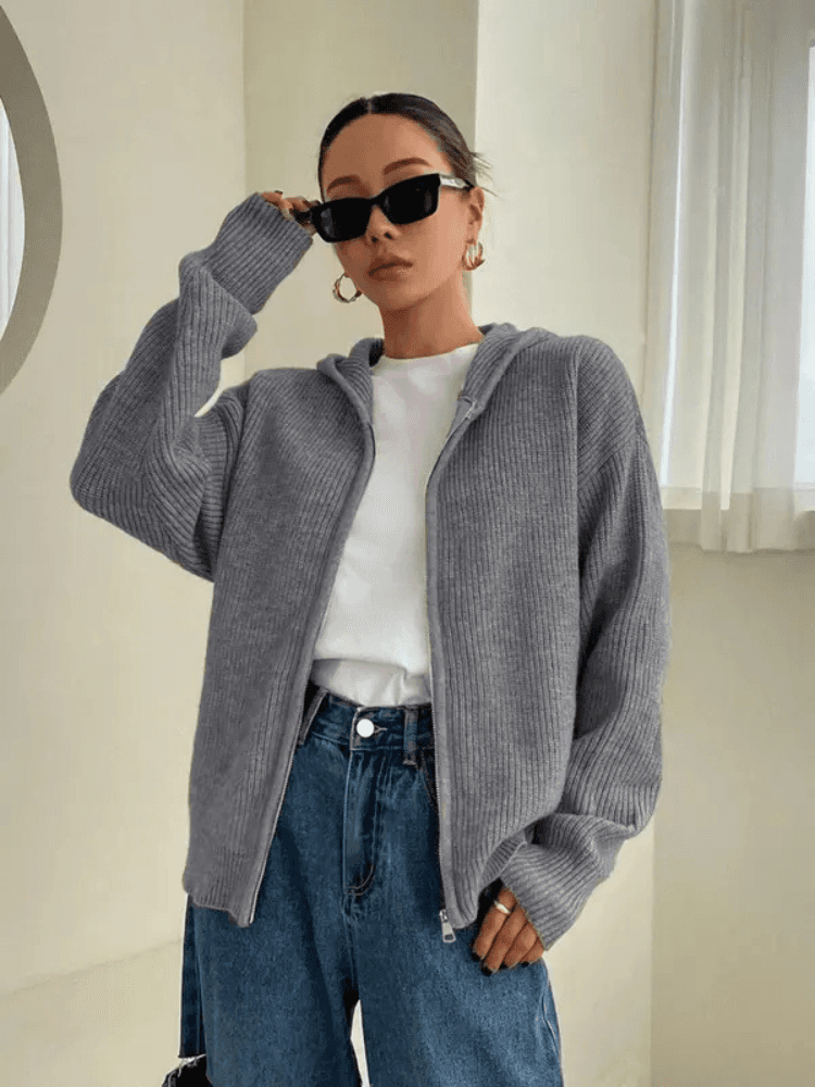 Felpa con cappuccio e cerniera in maglia da donna