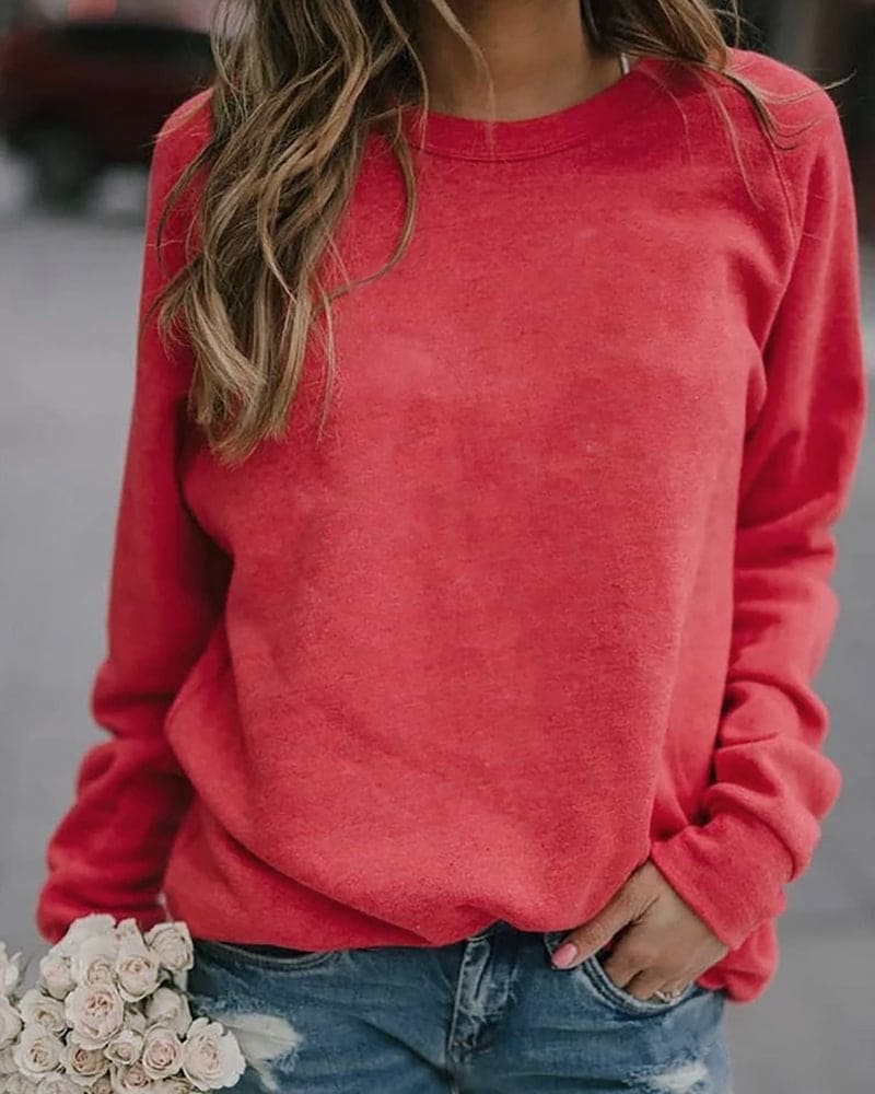 Maglione girocollo rosso da donna - Pullover casual a maniche lunghe