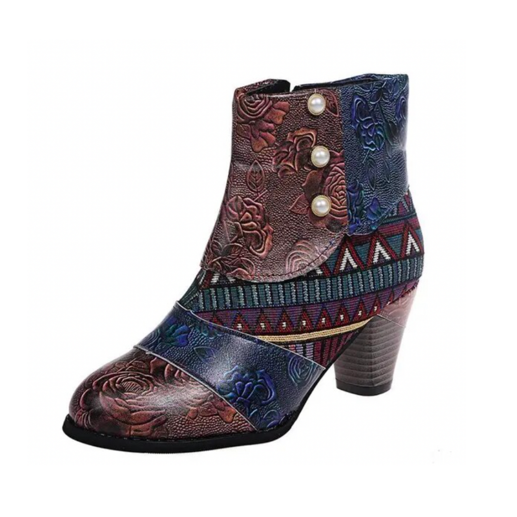 Stivali da donna con motivo floreale boho - Comodi tacchi spessi con cerniera
