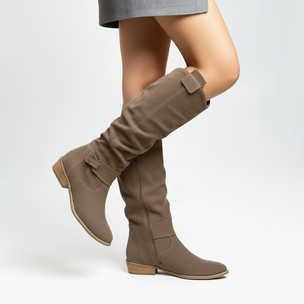 Eleganti stivali in pelle scamosciata da donna – Stivali alti al ginocchio con arricciature in pelle scamosciata sintetica color nocciola