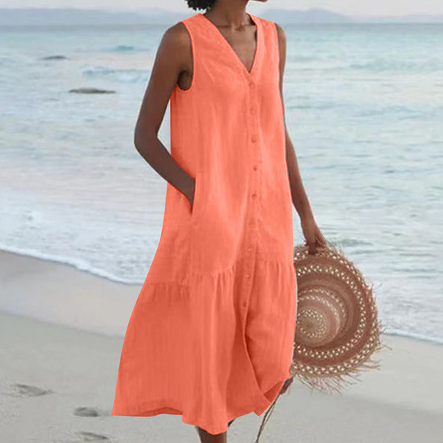 Abito estivo da donna senza maniche – vestito midi con bottoni e tasche