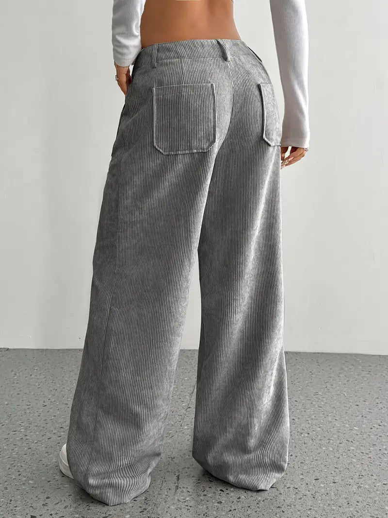 Pantaloni casual da donna a coste e vita alta | Gamba larga