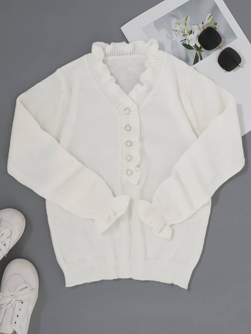 Elegante maglione bianco con scollo a V da donna – Dettagli arricciati