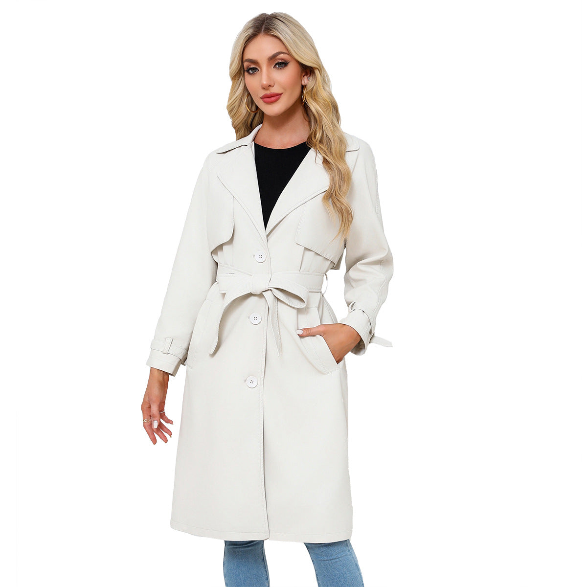 Trench lungo elegante da donna di alta qualità – Cappotto con revers larghi e cintura