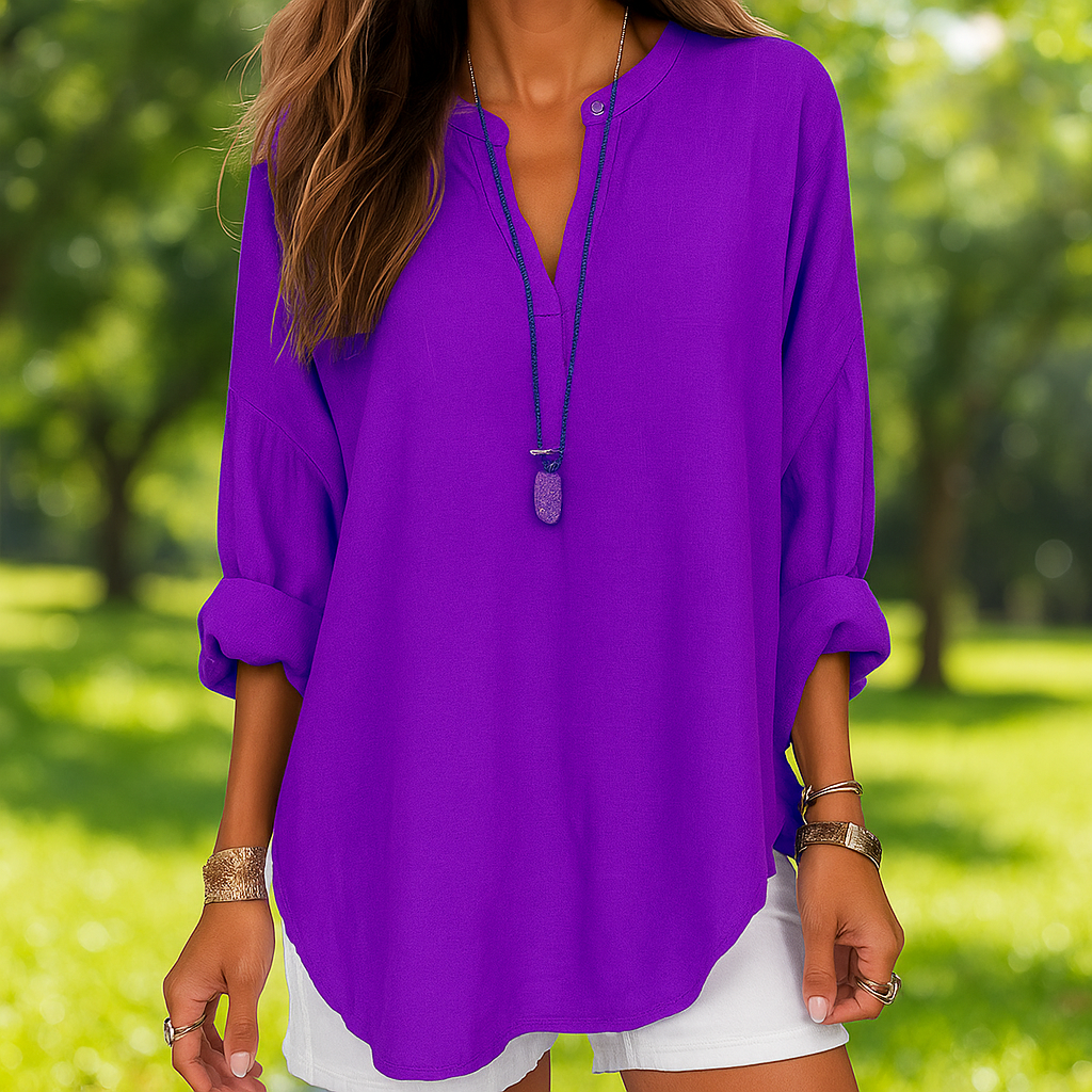 Camicia donna estiva con scollo a V – maniche lunghe arrotolabili