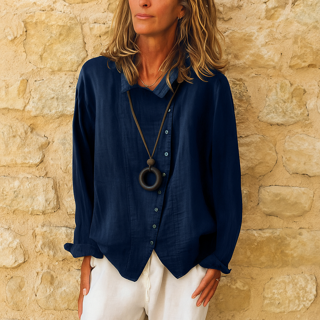 Camicetta donna elegante con scollo a V e maniche lunghe – look rilassato