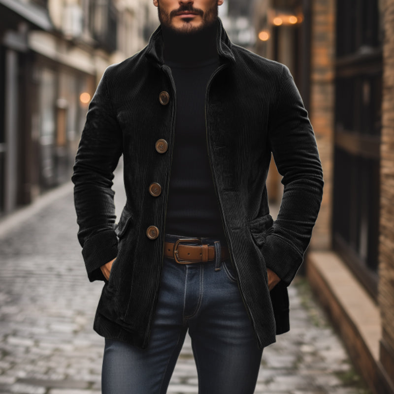 Cappotto corto da uomo in velluto a coste slim fit con collo alto
