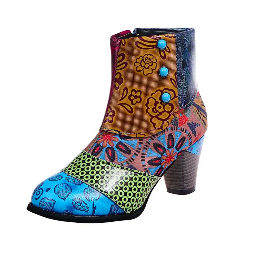 Stivali da donna con motivo floreale boho - Comodi tacchi spessi con cerniera