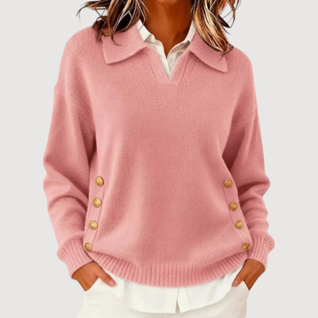 Dame langærmet sweater – Elegant krave og klassiske knapper