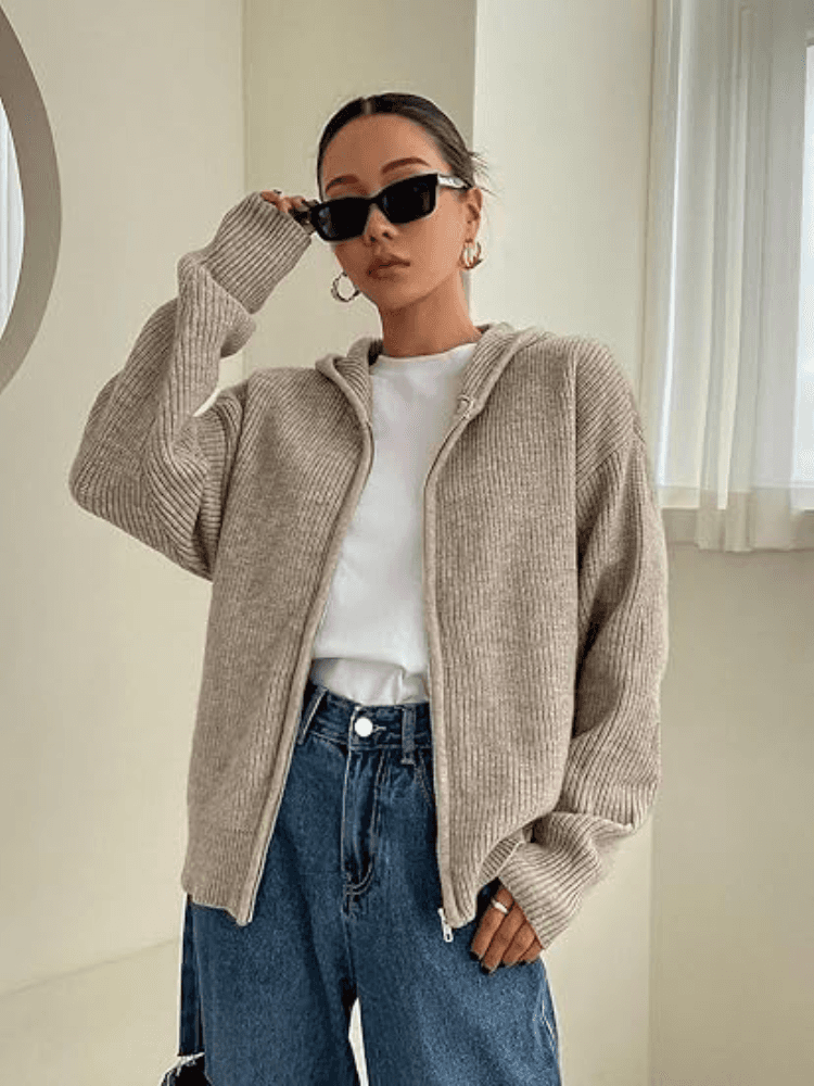 Felpa con cappuccio e cerniera in maglia da donna