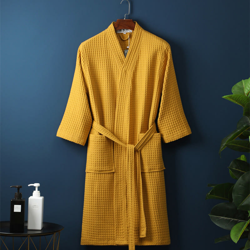 Accappatoio Unisex in Cotone a Coste con Scollo a V – Vestibilità Ampia, Tinta Unita, Assorbente, Traspirante, Confortevole con Cintura, Perfetto per Tutte le Stagioni