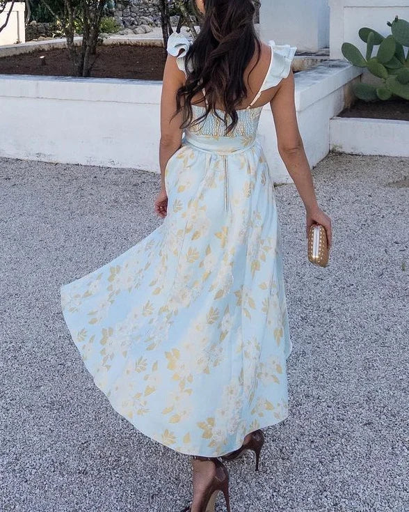 Abito midi da donna con fiocco e spalline arricciate