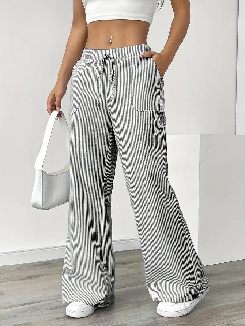 Pantaloni a gamba larga a righe casual da donna, eleganti e larghi - Pantaloni estivi leggeri e traspiranti con tasche