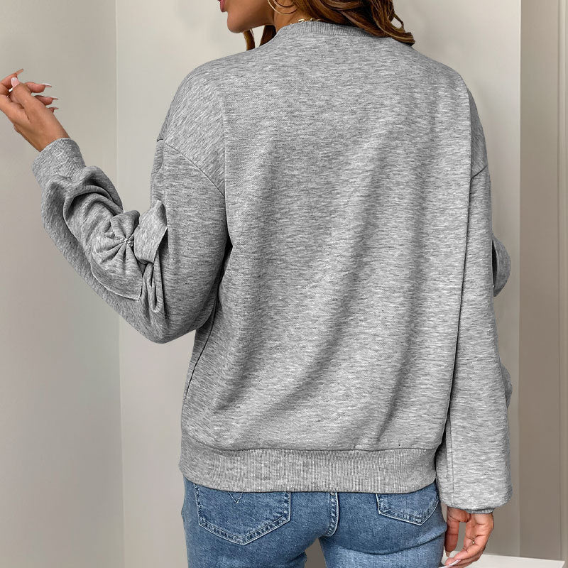 Maglione morbido da donna con nodo cucito – Felpa girocollo casual grigia