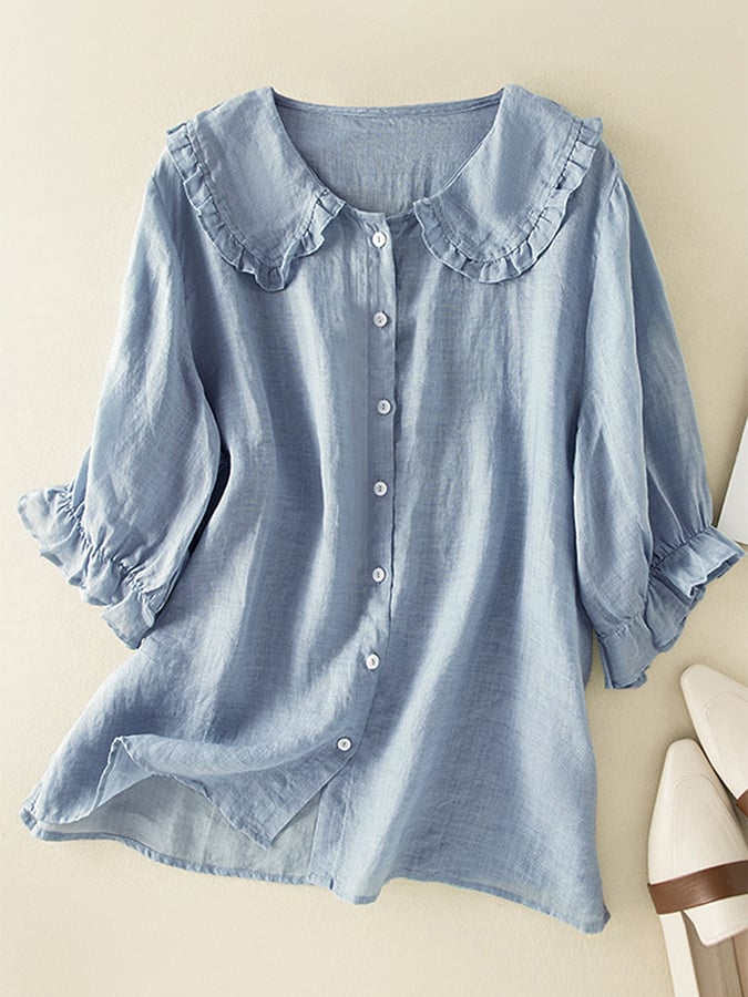 Blusa ampia in lino e cotone con colletto arricciato